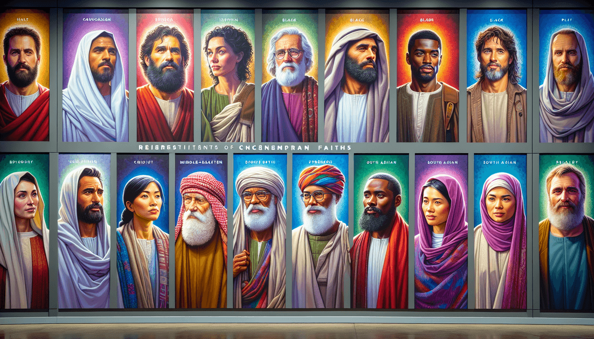 A gallery wall display featuring two rows of portraits depicting diverse individuals from various ethnic and cultural backgrounds, styled in a religious or historical manner. The images are framed individually with glowing, colorful backgrounds and descriptive labels above each portrait.