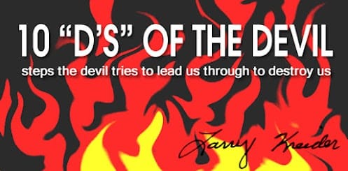 A graphic design featuring the text '10 D's of the Devil' over a stylized background of red and yellow flames, with a signature at the bottom.